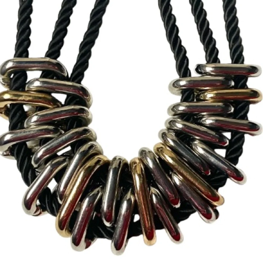 Statement Chunky Multi-Rope Strand Choker Necklace Silver and Gold Metal Rings